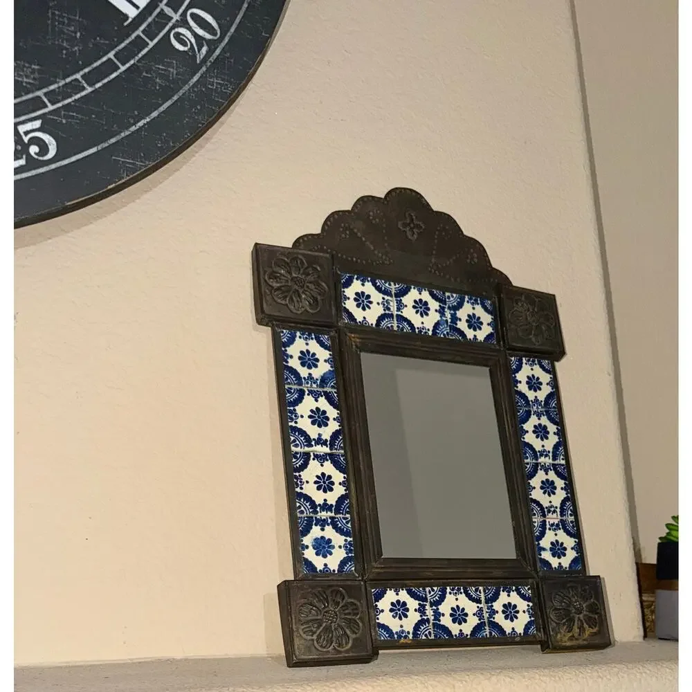 Vintage Mexican Talavera Tile Tin Wall Mirror Blue White Folk Art 20 x 12